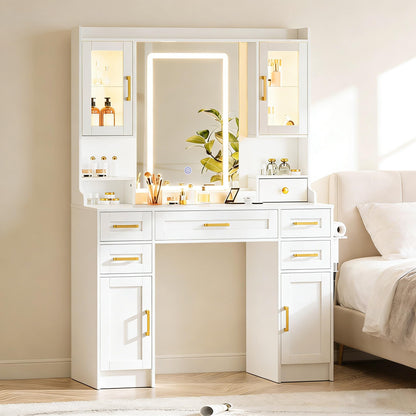 KAMABOKO Vanity Desk with Mirror and LED Lights & Power Outlet, Large Makeup Vanity Table with 5 Drawers and 4 Storage Cabinets, White Dressing Table for Bedroom