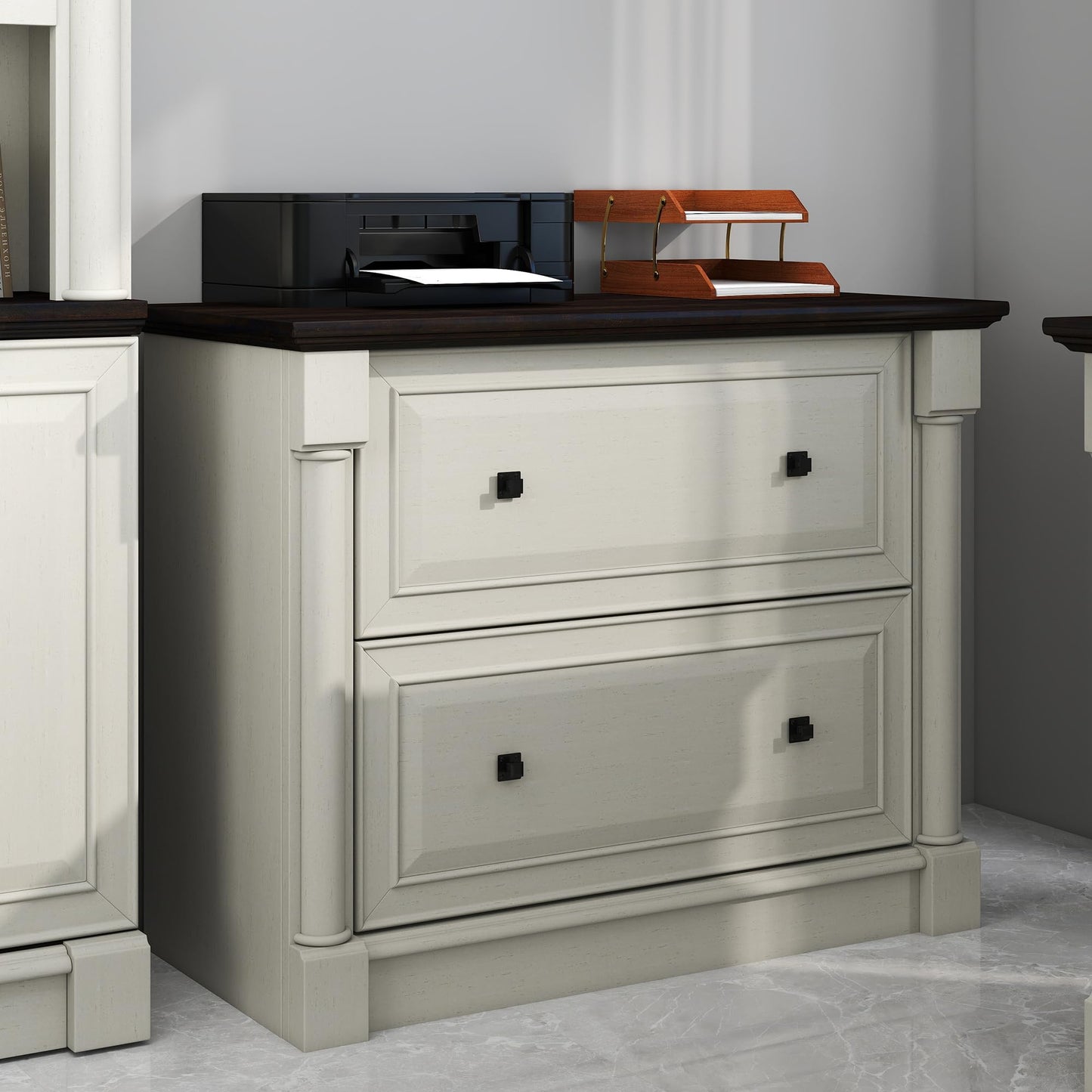 2-Drawer Roman Column File Cabinet, 36.8″ Wide Lateral File Cabinet with Hanging Folders, Fits Letter Legal A4 Size, Elegant Classic Design Home Office Boss Room Printer Stand, White and Brown top