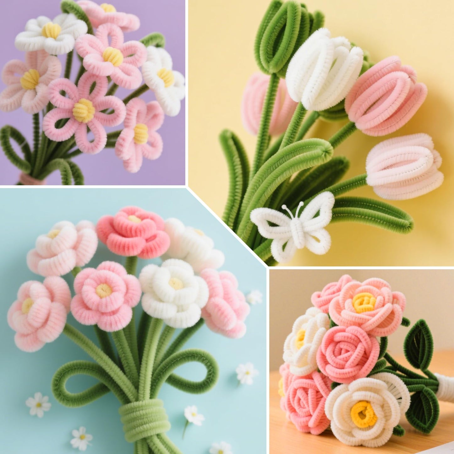 ASTARON 521 Pcs Pipe Cleaners Craft Set, 5 Colors Pipe Cleaners Bulk Pastel Chenille Stems for Craft Pipe Cleaner Flowers Making Kit with Floral Wires, Gardening Tape (Pink Series)