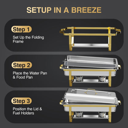 Gold Chafing Dishes for Buffet 4 Pack (7 Pans + Utensils) - 9QT Stainless Steel Chafing Dish Buffet Set - Food Warmers for Parties Buffet - Buffet Servers and Warmers (4 PACK + 7 PANS + 7 UTENSILS)