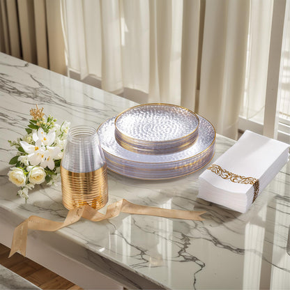 DaYammi 100 Pcs Clear Gold Plastic Plates, Hammered Party Plate, Fancy Plastic Plates Disposable Clear Disposable Dessert Platos, 7 Inch Heavy duty Plastic Dessert Platos for Party & Wedding