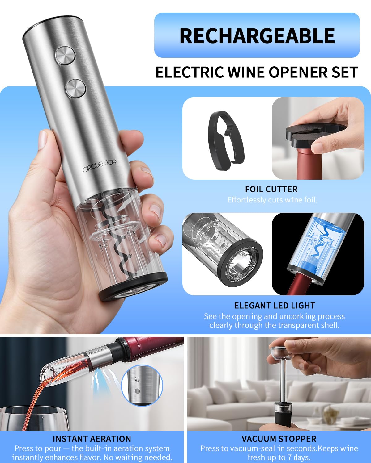 CIRCLE JOY Electric Wine Opener Stainless Steel Rechargeable Automatic Wine Bottle Opener Set 7-in-1 Wine Gifts for Wine Lovers with Charging Base, Foil Cutter, Wine Aerator Pourer & 2 Vacuum Stoppers