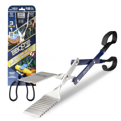 3 in 1 Barbecue Tool 18-inch by BBQ Croc - Light and Long Tongs, Spatula and Grill Scraper (Blue) (18 inch Without Flashlight)