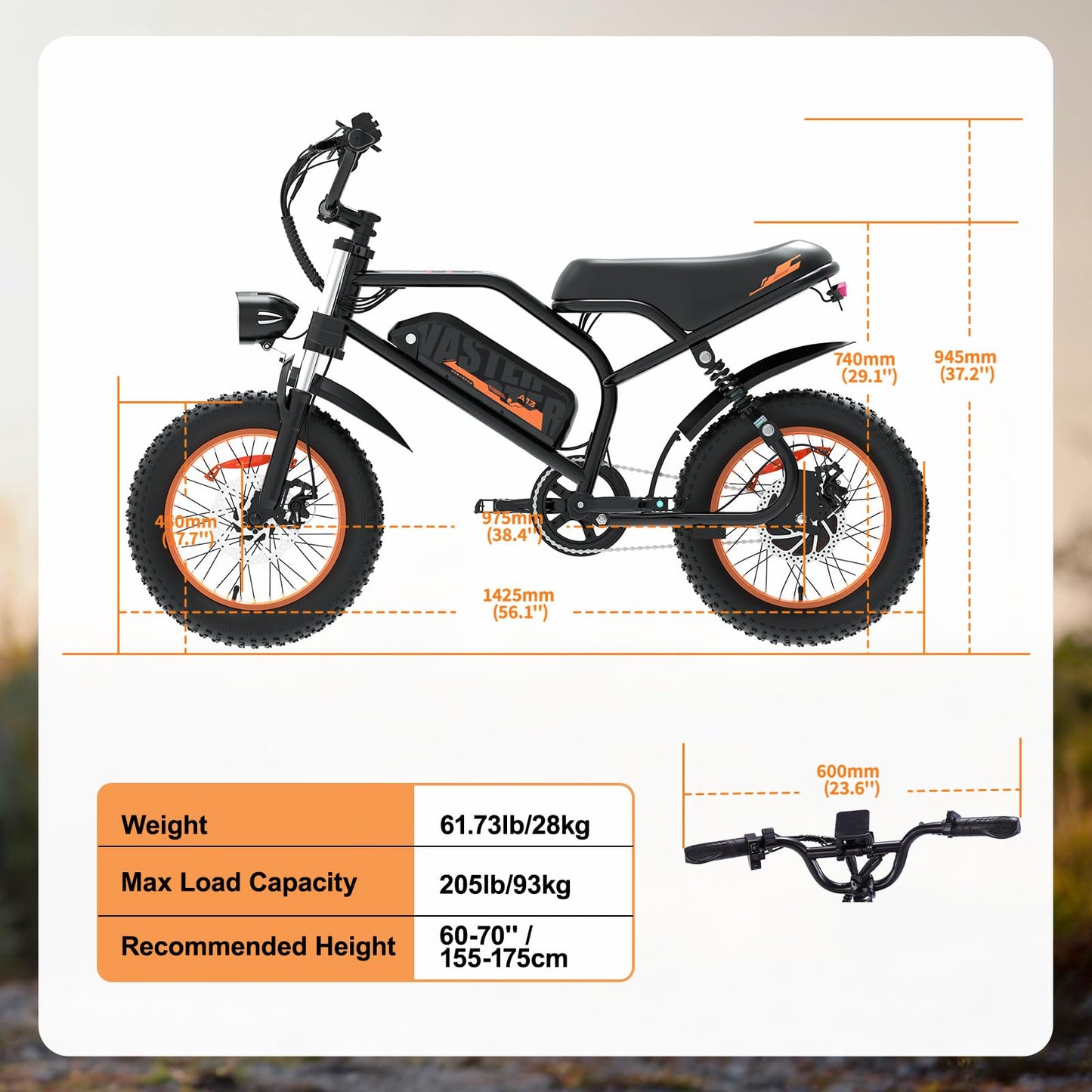 AVDLBIKE Electric Bike, 16'' Fat Tire eBike for Teens/Adults, 500W E-Bike with 36V/12.8Ah Removable Battery, 20MPH 45 Mile Range Commuting Electric Mountain Bike with Dual Dual Brakes-Orange A13
