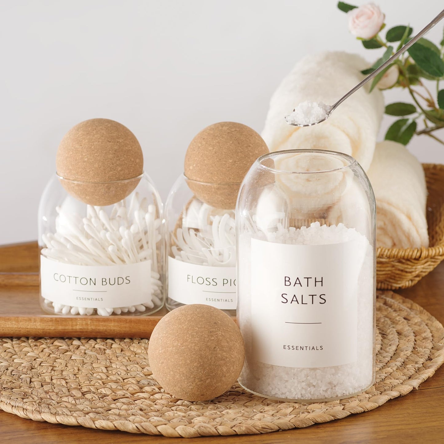GENSTEUO Glass Jars with Cork Lids, 3 Pack Small Decorative Jars with Acacia Tray, Bathroom Qtip and Cotton Ball Holder Set, Cute Coffee Bar Containers for Sugar Candy Tea, Apothecary Jars (17oz)