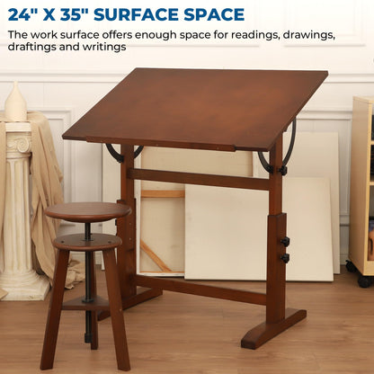 VISWIN Wood Drafting Table for Adults, 24'' x 35" Drawing Table with Adjustable Height & Angle for Art Studio, Solid Pine Wood Artist Desk for Drawing, Drafting, Writing, Reading, Sketching