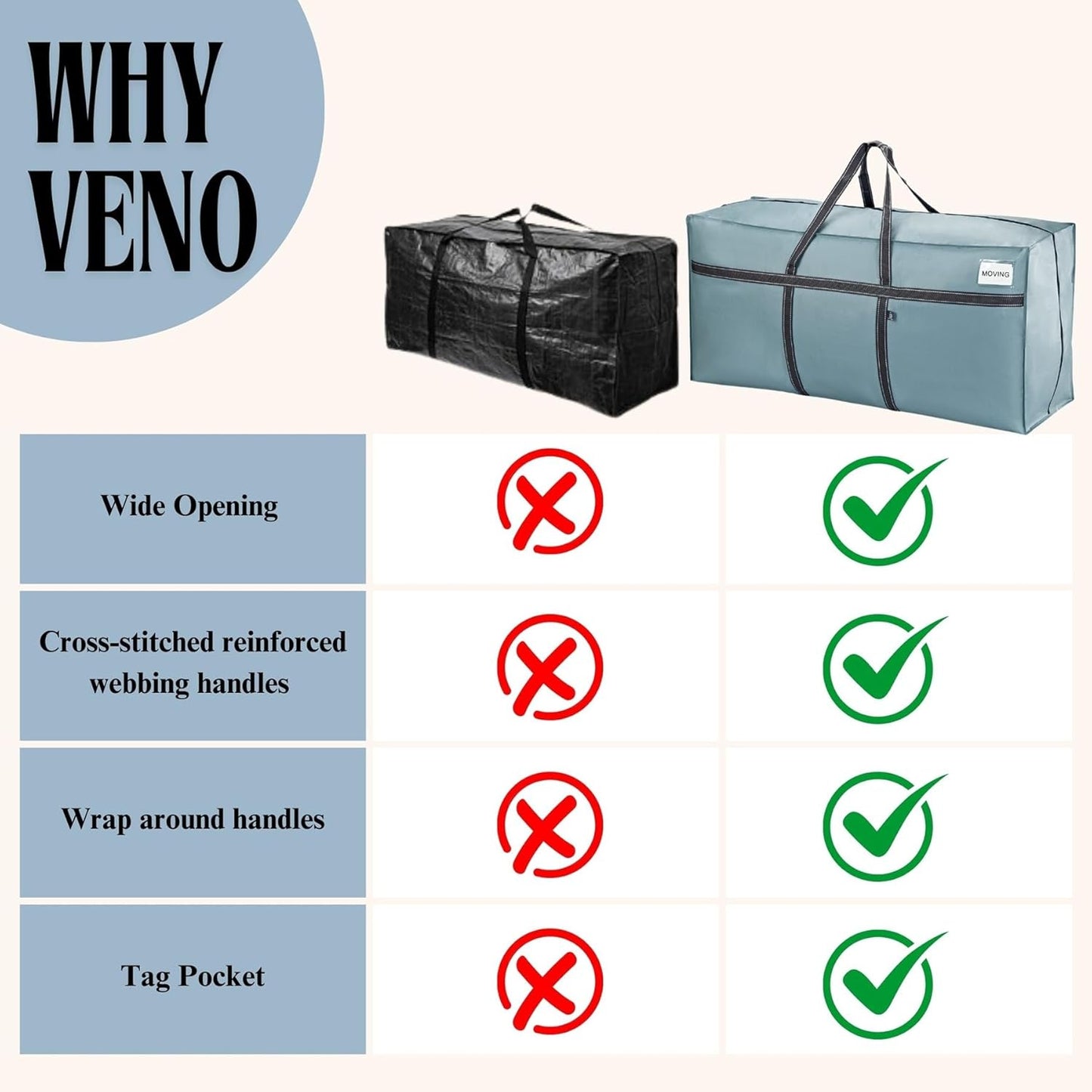 VENO Extra Large Heavy Duty Moving Bags - Ideal Storage Solution for College & Holiday Packing | Light Blue Matte, 2 Pack