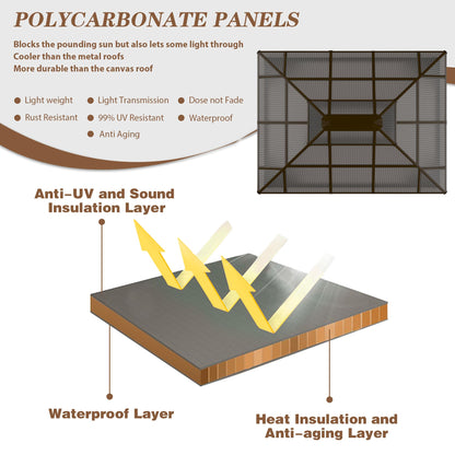 EROMMY 10' x 13' Gazebo Polycarbonate Double Roof Canopy Outdoor Aluminum Frame Pergola, Permanent Pavilion with Netting and Curtains for Garden Patio Lawns Parties