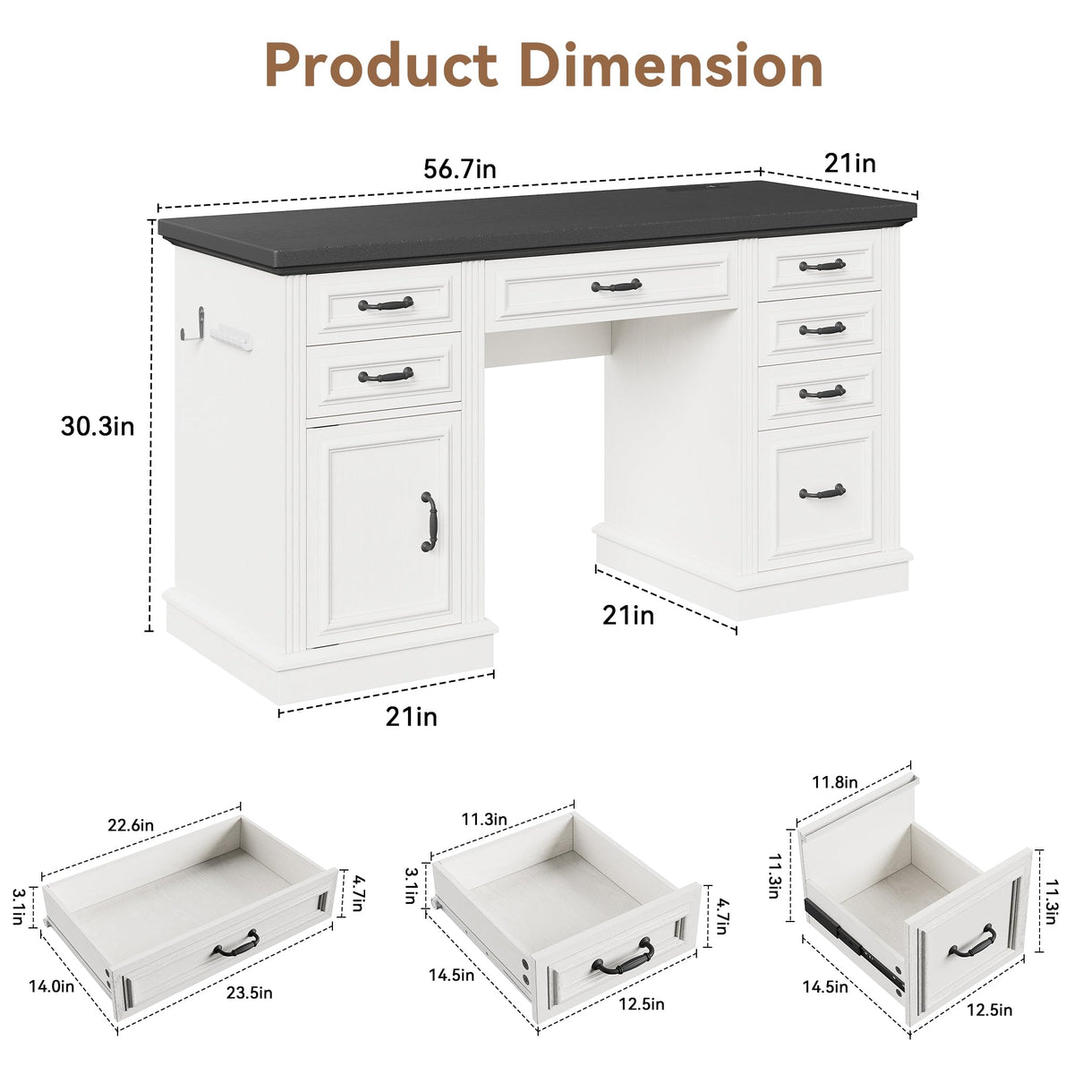 Jocoevol Farmhouse 57" Executive Desk with 7 Drawers, Home Office Desk with File Cabinet Storage, Computer Desk with Charging Station and Headphone Hook for Work, Study, Writing, White