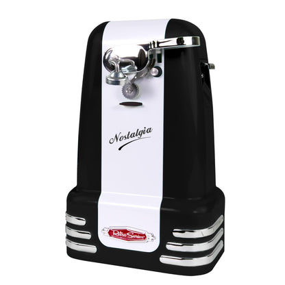 Nostalgia Retro Electric Can Opener for Kitchen with Magnetic Lid Remover, Knife Sharpener, and Soda or Beer Bottle Opener, Black