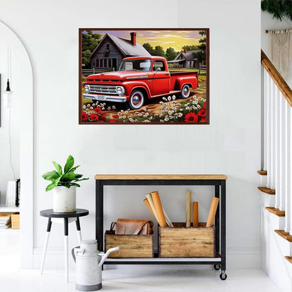 PUAGEMTI 5D Red Vintage Truck Flower Diamond Painting Kits, Spring Flower Car Diamond Painting, Full Round Diamond Art Kits for Adults Diamond Dots Piant by Numbers Kits 12x16 inch