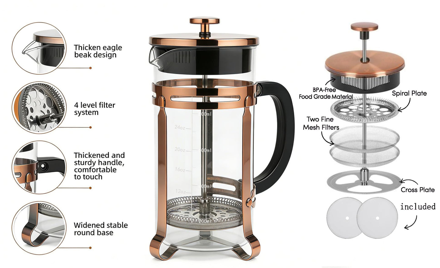 PSAVGLA French Press Coffee Maker 21 oz, 304 Stainless Steel Double Mesh Filter, Borosilicate Glass, Heat-Resistant, BPA-Free, Ideal for Home, Office & Gift (copper, 21oz)