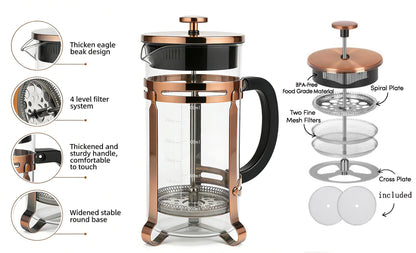 PSAVGLA French Press Coffee Maker 21 oz, 304 Stainless Steel Double Mesh Filter, Borosilicate Glass, Heat-Resistant, BPA-Free, Ideal for Home, Office & Gift (copper, 21oz)