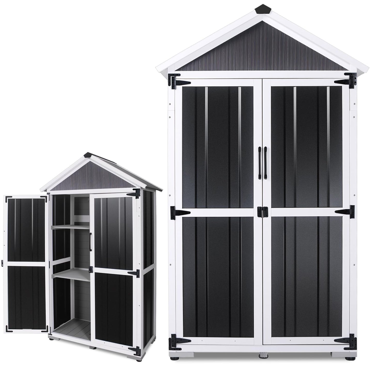 Outdoor Storage shed Small Storage shed with Floor Wooden Frame Lockable Metal Door Adjustable Shelves Cabinets Waterproof Large Capacity Storage Tool Cabinet Box for Backyard Garden Patio Lawn