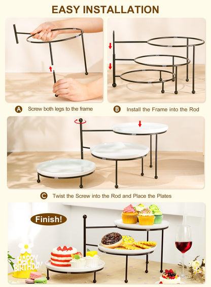 Yedio 3 Tiered Serving Stand with White Porcelain Plates, 10" Round Tray, Dessert Table Display Set, Round Dishes with Black Metal Display Stand for Veggie, Fruit, Cookies, Black