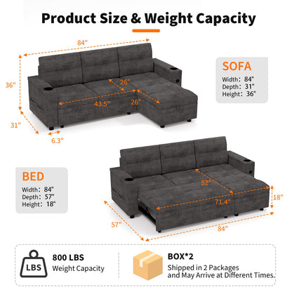 GarveeLife Couches for Living Room, 84'' L-Shaped Sectional Sleeper Sofa with Pull Out Bed, Comfy Sofa Bed with Charging Ports and Storage Armrests, Dark Grey