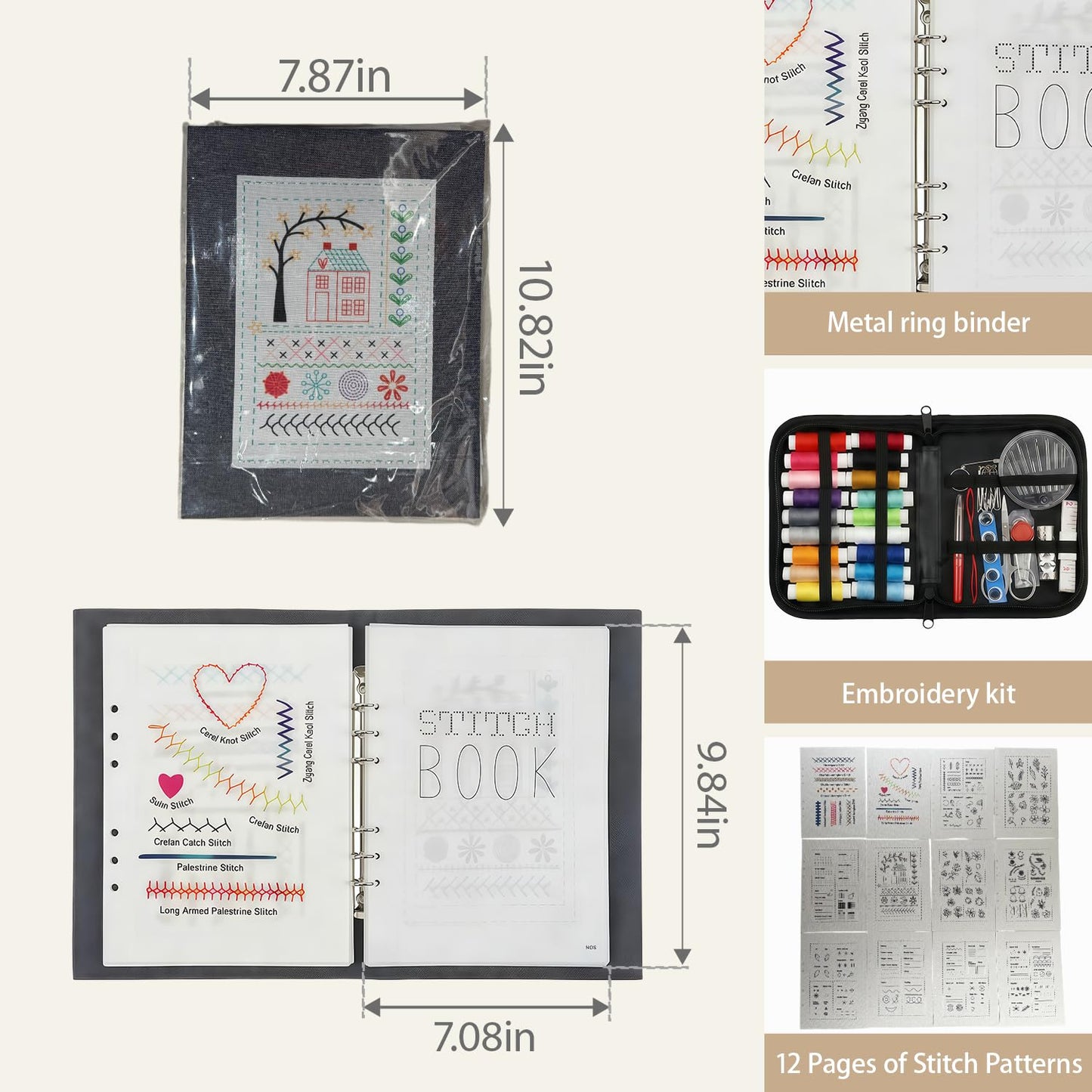 Detachable Embroidery Stitch Book & Tool Kit for Adults, 120 Patterns Guide with 86-Piece Sewing Set, Portable DIY Craft Starter Kit for Beginners, Detailed Tutorials Included for DIY Enthusiasts