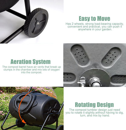 Compost Tumbler 170L - Large Outdoor Composter Bin with Wheels for Easy Movement, Perfect for Garden Yard Leaves and Kitchen Waste