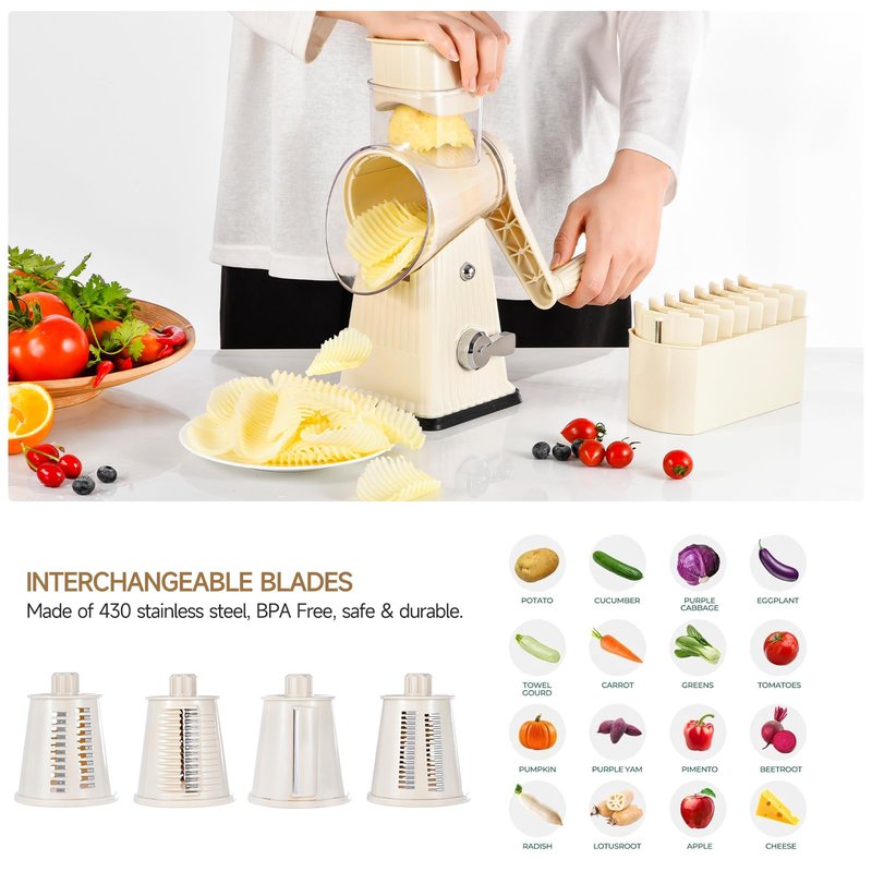 Xilrvna RotaryCheese Grater,VegetableShredder 5 in 1 Cheese Grater with HandleedderReinforcedSuction,EasytoClean,KitchenChopperforCrushedIce,Fruits and Nuts with Blade Storage Case（White