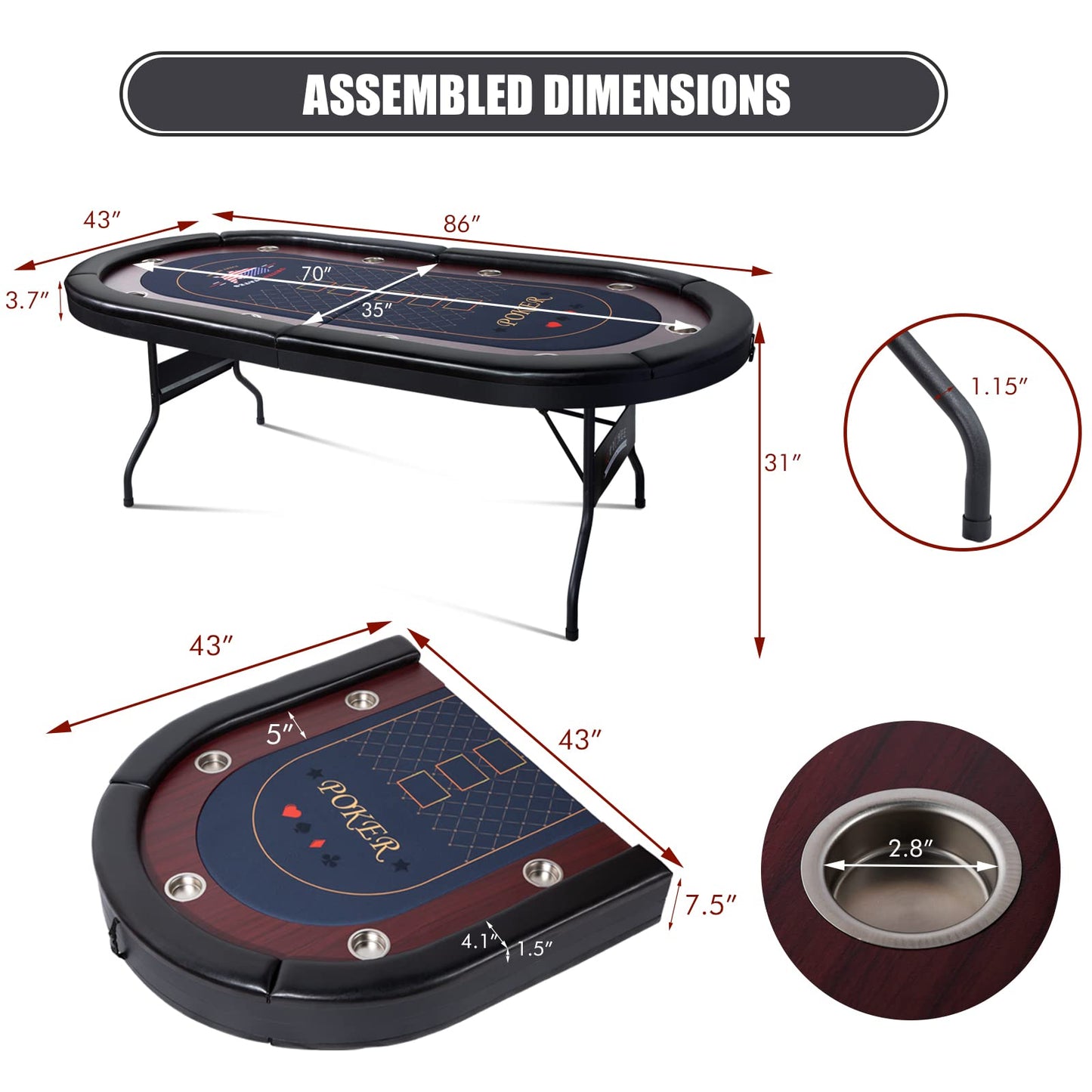REAHOISY 10 Player Foldable Poker Table, 86" Large Professional Folding Texas Holdem Poker Card Table, Portable Casino Table for Game Room with Padded Rails & Cup Holders
