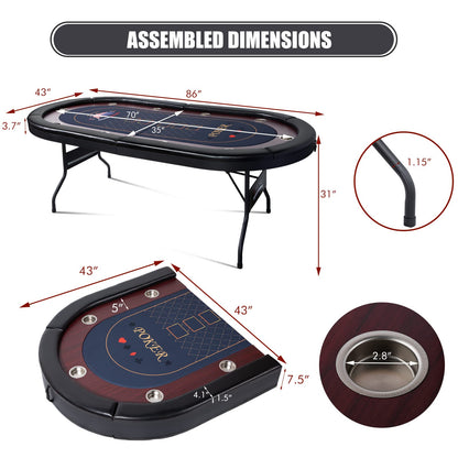 REAHOISY 10 Player Foldable Poker Table, 86" Large Professional Folding Texas Holdem Poker Card Table, Portable Casino Table for Game Room with Padded Rails & Cup Holders