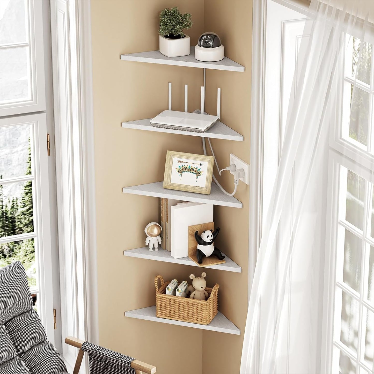 Set 5,Floating Love-KANKEI Corner Shelf Wall Mounted of Shelves for Storage,Rustic Wood Hanging Wall Shelves