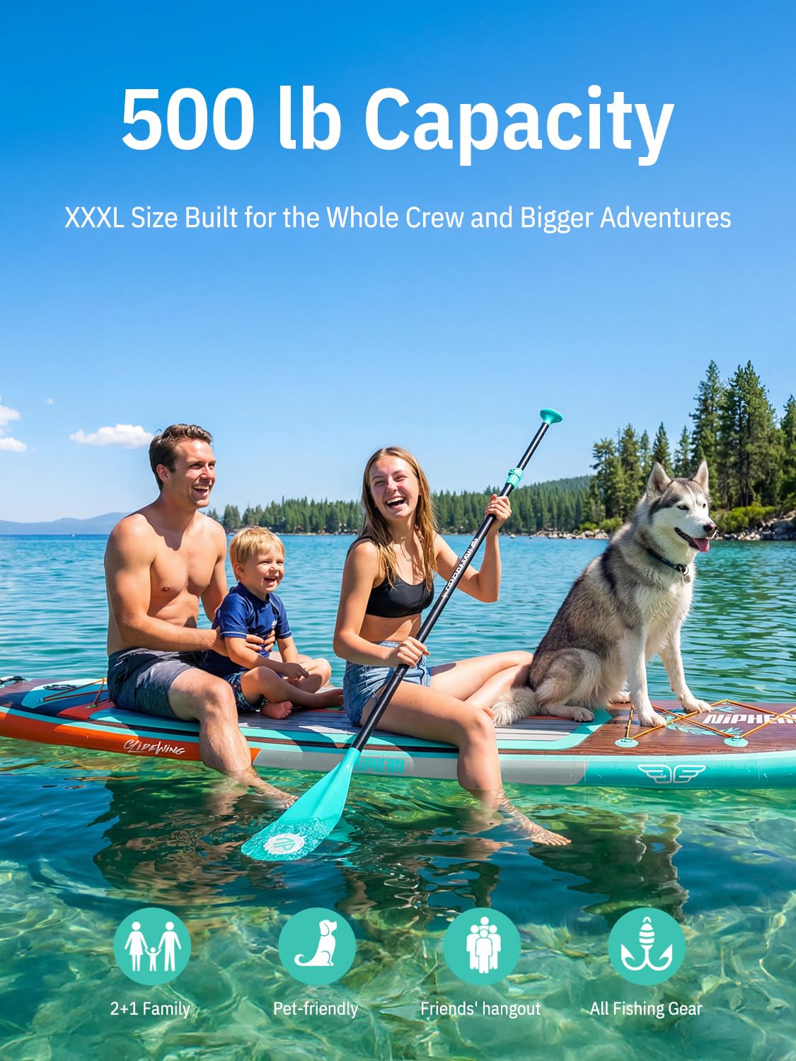 Niphean (Extra Large) Inflatable Paddle Board, SUP for 2+1 People/Family 500lbs Capacity Stand Up Paddle Board with SUP Accessories, StabilTrac Fin Non-Slip Paddleboard for Adults-Light Green