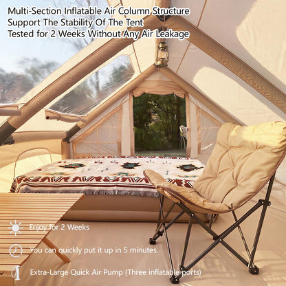 Inflatable Tent for Camping Large Blow Up Tent Glamping Tent 4-8 Person House, Easy Set up Waterproof Outdoor Oxford Tents, 4 Season Air Tents with Pump (130 sq ft Beige Air Tent)