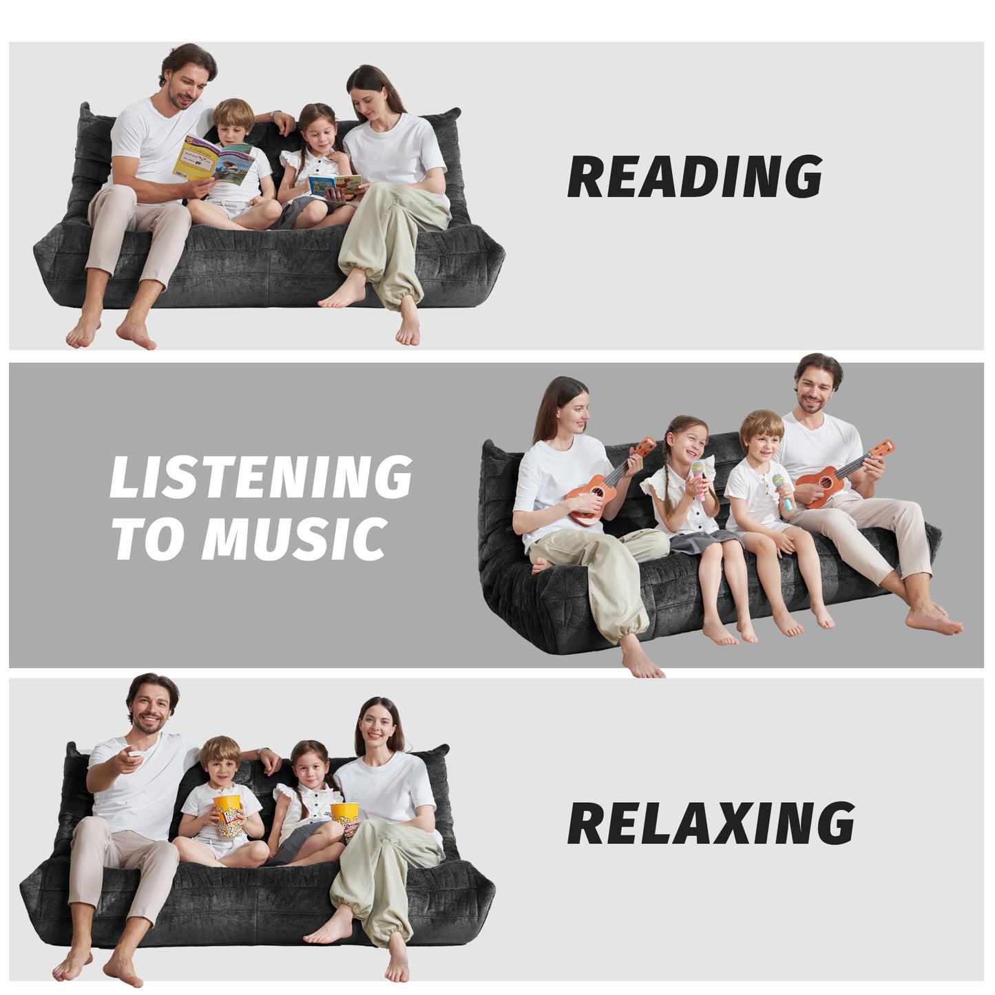 Homguava Bean Bag Chair, Giant Beanbag Chairs for Adults, Memory Foam Fireside Chair, Large Lazy Floor Sofa, Sofa Couch with High-Rebound Foam, Lounge Chair for Living Room, Bedroom (Grey, 3-Seater)