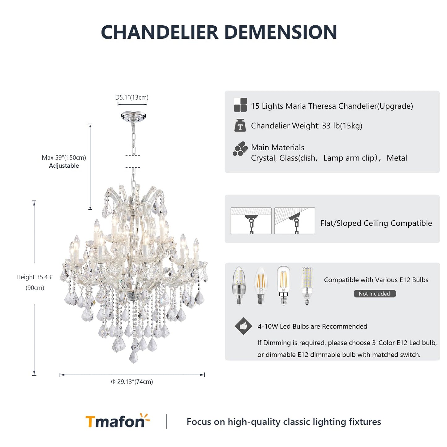 TMAFON Modern Chrome Chandelier Light Fixture - Luxury Maria Theresa Crystal Chandeliers for Dining Room, Kitchen Island, Living Room, Bedroom, 15 Lights, 2 Layers