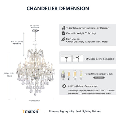 TMAFON Modern Chrome Chandelier Light Fixture - Luxury Maria Theresa Crystal Chandeliers for Dining Room, Kitchen Island, Living Room, Bedroom, 15 Lights, 2 Layers