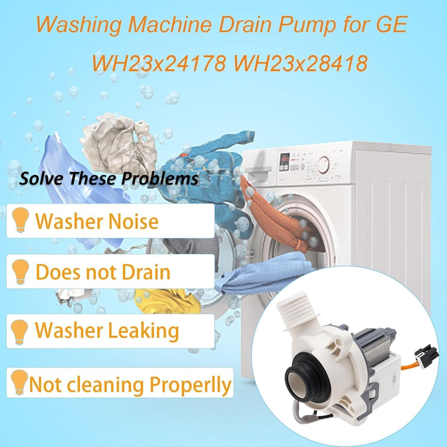 WH23X28418 Washer Drain Pump Assembly Compatible with GE Hotpoint - Replaces WH23X24178, WH23X27574, 4958182,