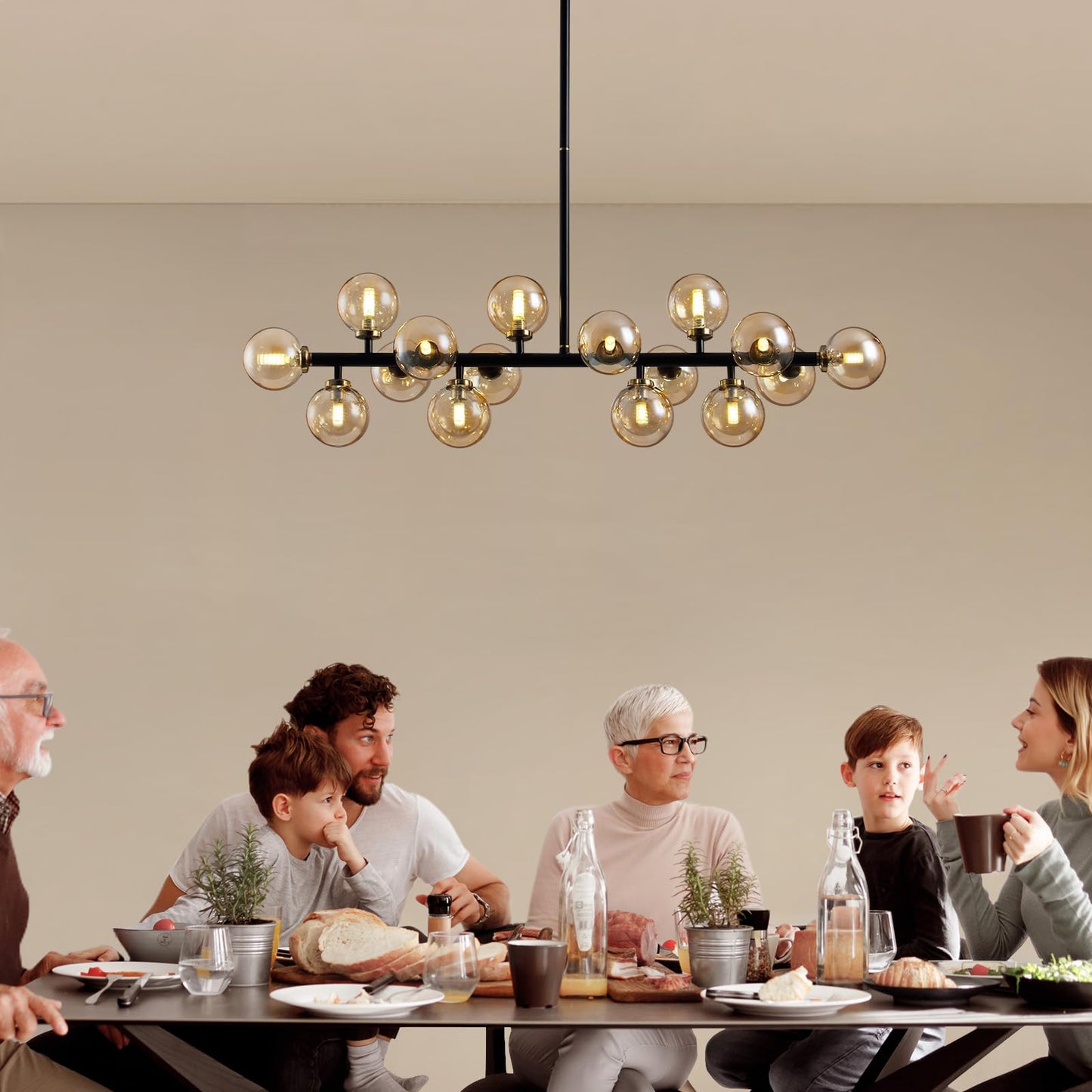 APBEAMLighting Mid Century Modern Chandeliers for Dining Room, 39" Linear Pendant Light Fixtures with Amber Glass Globe, 16-Light Sputnik Hanging Light for Living Room Kitchen Island