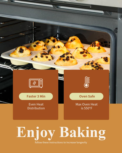 Ymiton Nonstick Ceramic 12 Cup Muffin Pan, Cupcake Pan for Baking, Non-Toxic Muffin tin, Ceramic Coating, PTFE & PFOA Free, Oven Safe 550°F, Aluminized Steel (Yellow)