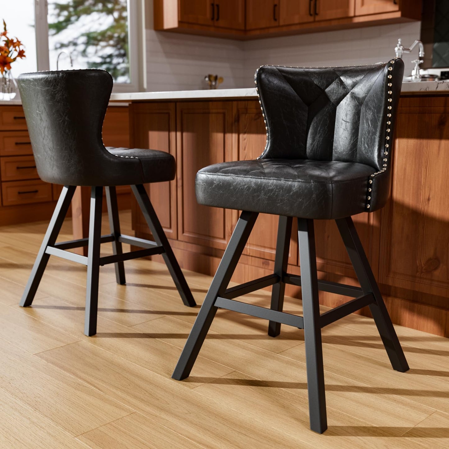 Ollega Bar Stools Set of 2, 26" Counter Height Bar Stools with Backs and Metal Frame, Leather Swivel Barstools, Counter Stools for Kitchen Island, Black