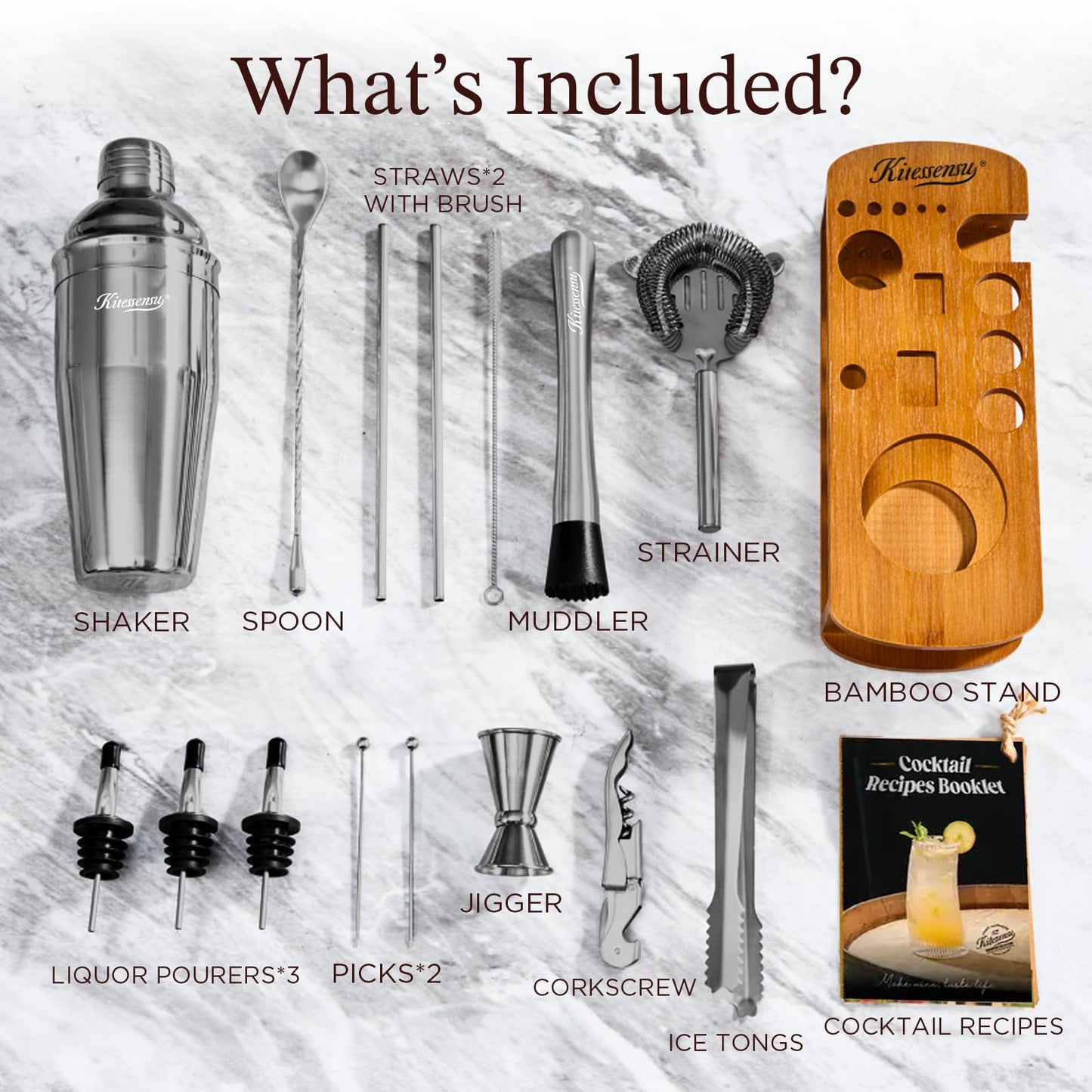 KITESSENSU Cocktail Shaker Set Bartender Kit with Stand | Bar Set Drink Mixer Set with All Essential Bar Accessory Tools: Martini Shaker, Jigger, Strainer, Mixer Spoon, Muddler, Liquor Pourers | Black
