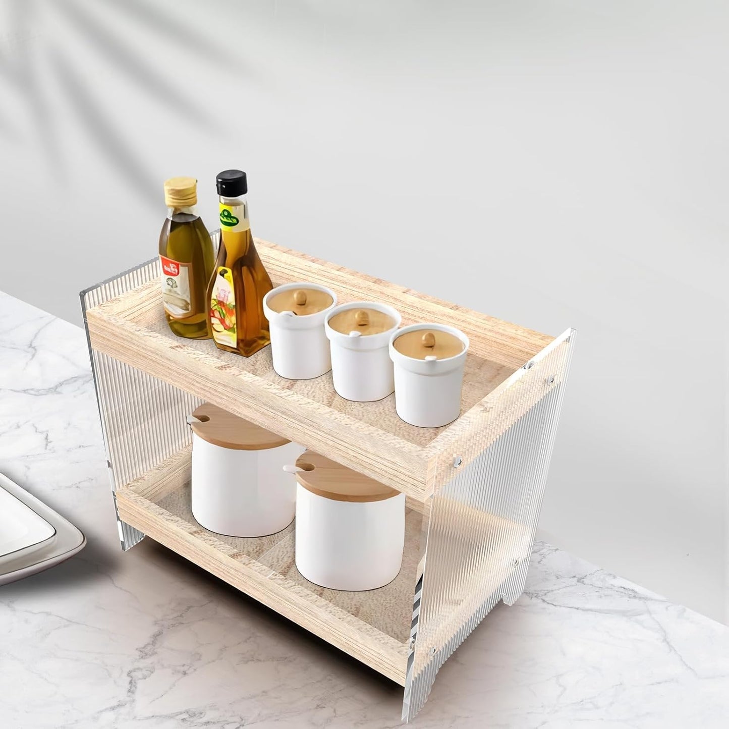 Bathroom Countertop Organizer, 2-Tier Wood Shelf for Cosmetic Storage, Acrylic Standing Rack for Home