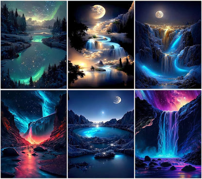 Diamond Art Kits for Adults Beginner,6 pack Waterfall Scenery DIY Modern Diamond Painting Kits 5D Diamond Dots Gem Art Crafts with Tools,Round Full Drill Crafts for Home Wall Decor&Gift-12x16in