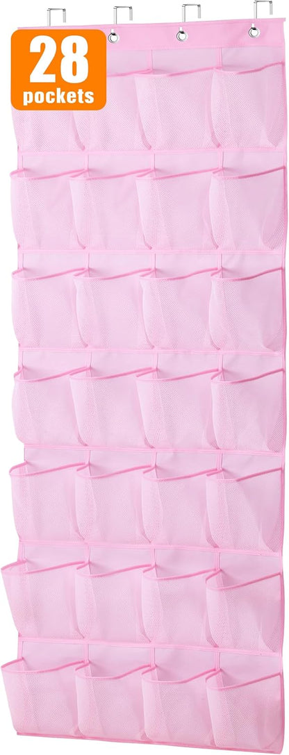 MISSLO Kids Over the Door Shoe Organizer, Pink Hanging Rack with 28 Pockets for Baby Toddler Room Decor