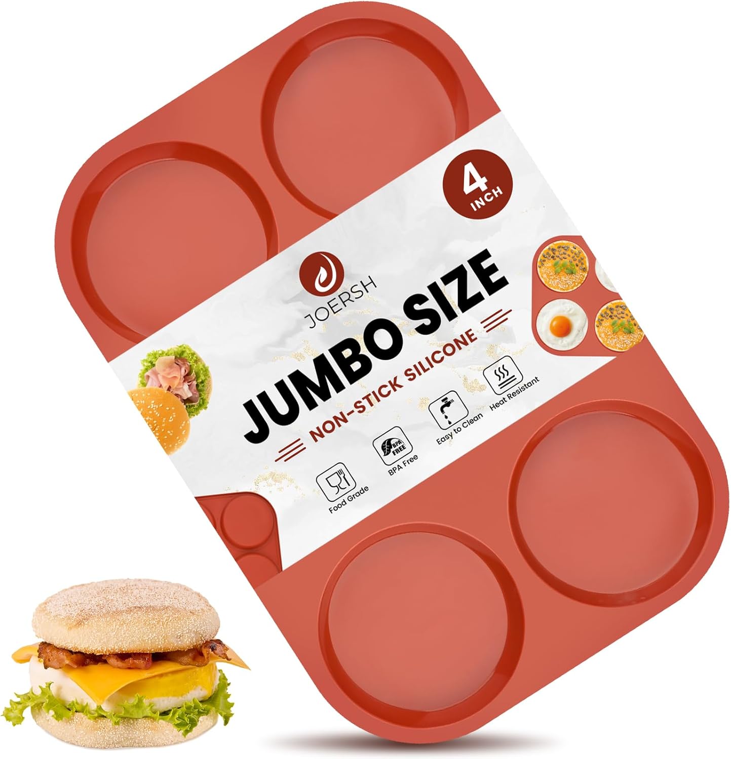 JOERSH Silicone Egg Mold, Jumbo Size Muffin Top Pan, Non-Stick Round Molds for Breakfast Sandwiches