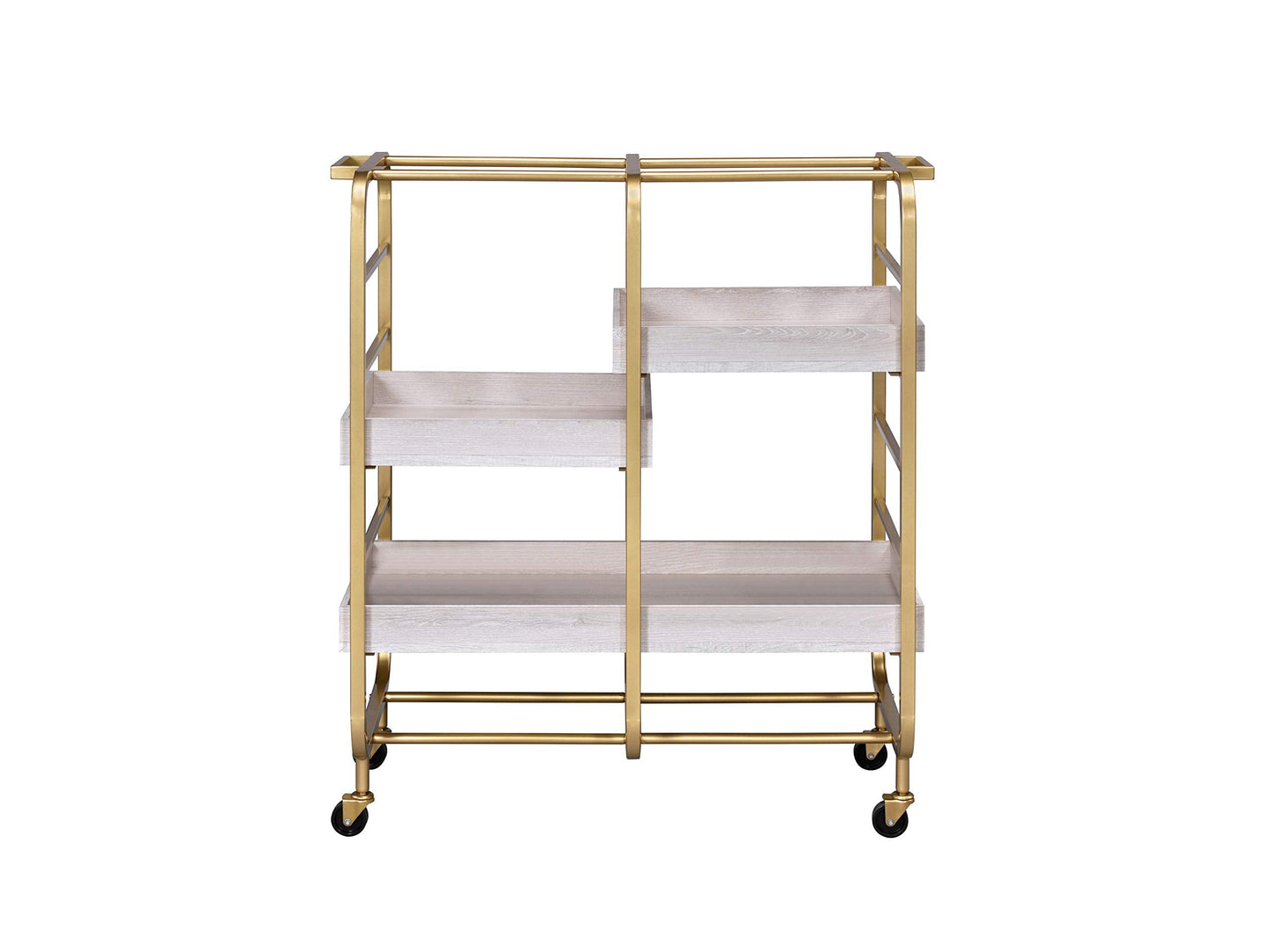 GOLGAILY 34" W x 17" D x 38" H Gold & White Washed Finish Serving Cart with 3 Open Compartments and Adjustable Trays