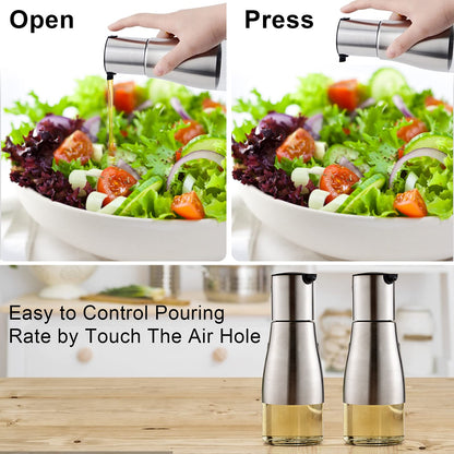 Tebery 2 Pack Silver Olive Oil and Vinegar Dispenser Set, 10OZ Oil Dispenser Cruet with Easy & Drip Free Pouring, Elegant Stainless Steel with Glass Bottom