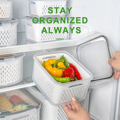 Freshmage Fruit Storage Containers - Airtight Produce Saver with Removable Colander | 6-Piece Set, Large Clear