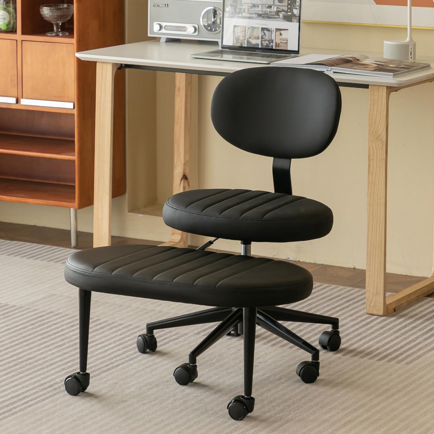 Ergonomic Cross Legged Office Chair with Back Support, Multi-Position Swivel Desk Chair for Adults, Meditation and ADHD Fidget Work Chair with Rolling Base, Black