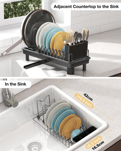 Nfnoyp Small Dish Drying Rack Carbon Steel Dish Rack Rustproof for Kitchen Counter Compact Dish Drainer with Adjustable Slots for Small Kitchens & Apartments 16.5×6.5×7inch Black