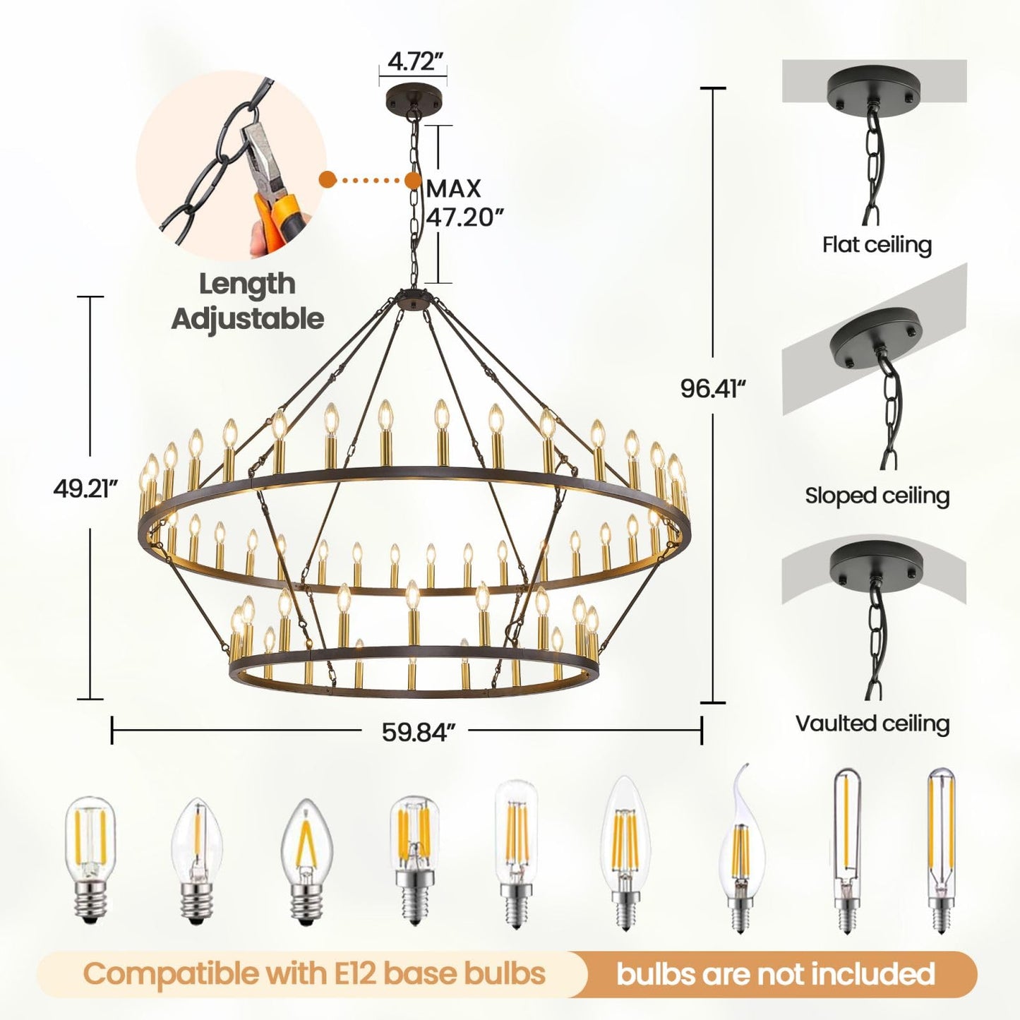 WJShome 60" Wagon Wheel Chandelier, 2 Tiers 54-Light Large Farmhouse Foyer Chandelier for High Ceilings, Round Black and Gold Pendant Light Fixture, for Entryway, Dining Room, Staircase
