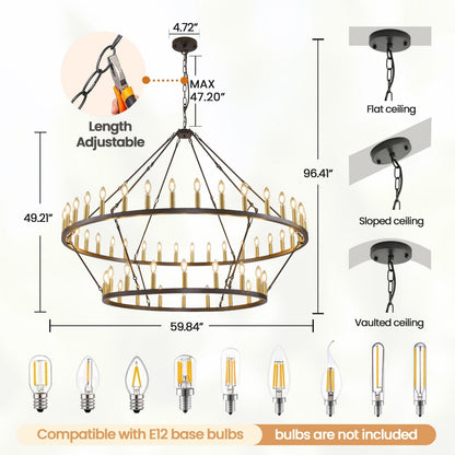 WJShome 60" Wagon Wheel Chandelier, 2 Tiers 54-Light Large Farmhouse Foyer Chandelier for High Ceilings, Round Black and Gold Pendant Light Fixture, for Entryway, Dining Room, Staircase