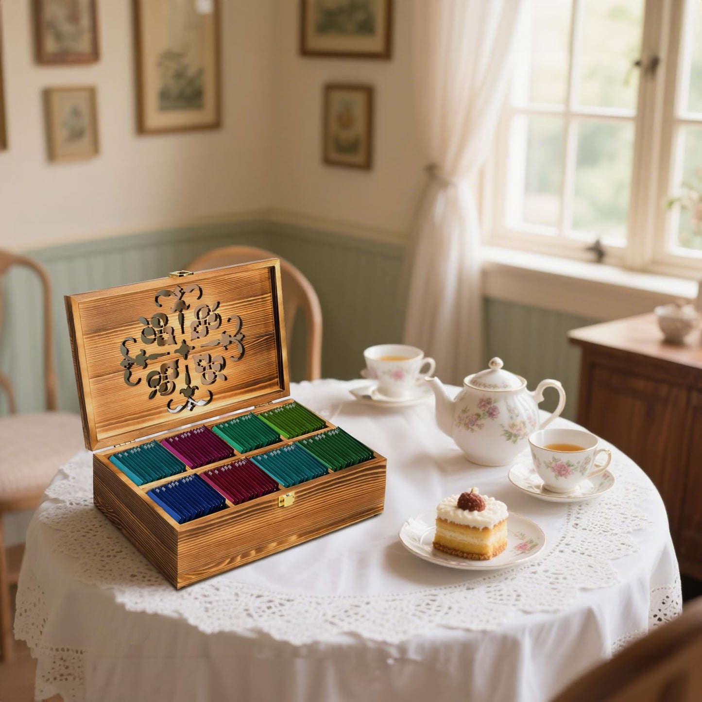 Coloch Wooden Tea Bag Storage Box with Carved Lid, 8-Compartment Tea Chest Organizer Spice Packets Container for Living Room, Kitchen, Office, Home Decor