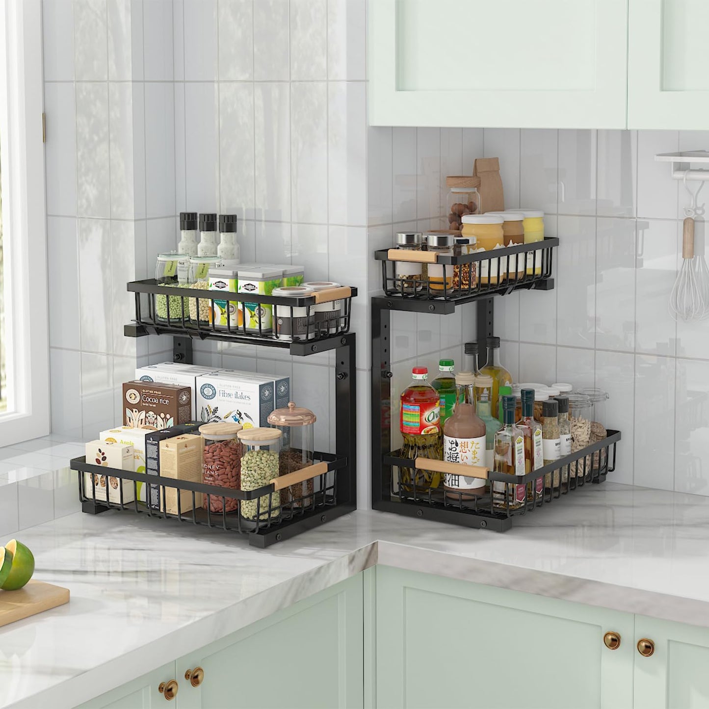 ADRIMER Under Sink Organizer 2 Packs, Pull Out Kitchen Sink Organizer, 2 Tier Slide Out Kitchen Organizers and Storage Bathroom Under Cabinet Storage Shelf, Black
