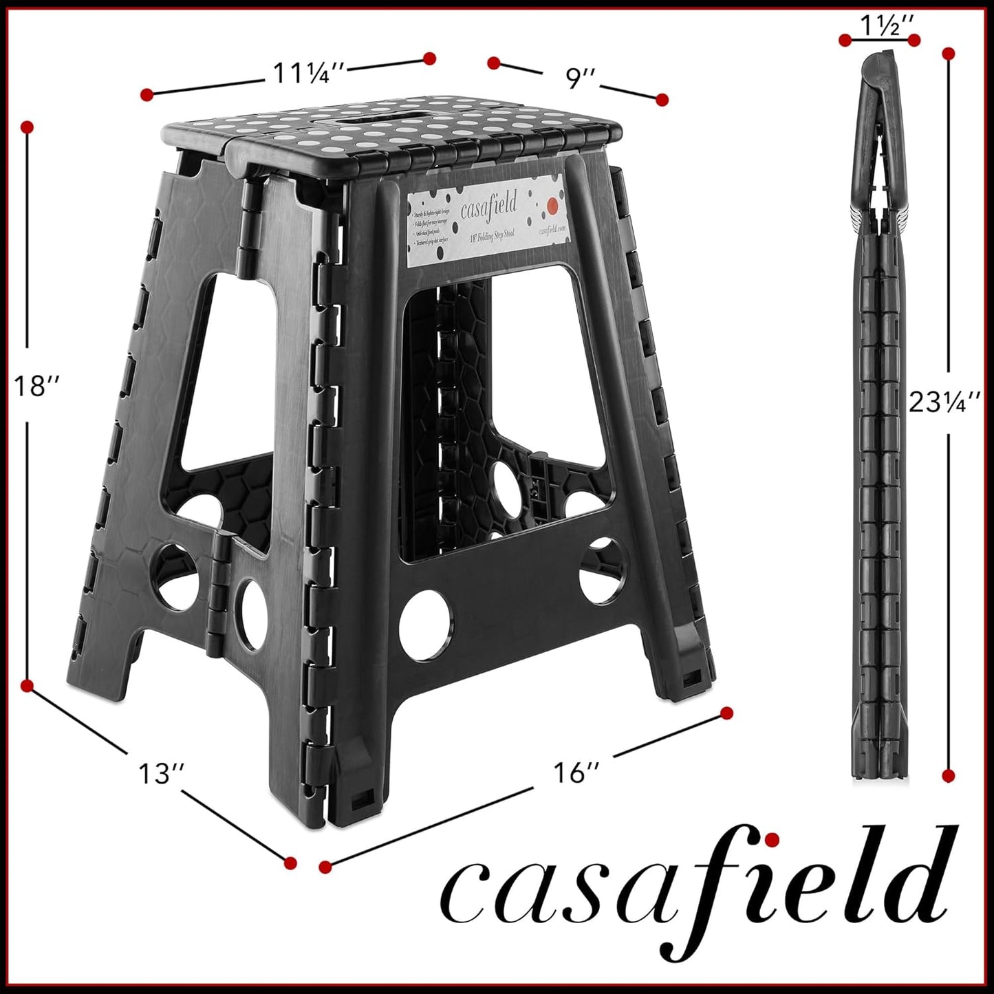 18" Casafield Folding Step Stool with Handle, Black - Portable Collapsible Small Plastic Foot Stool for Adults - Use